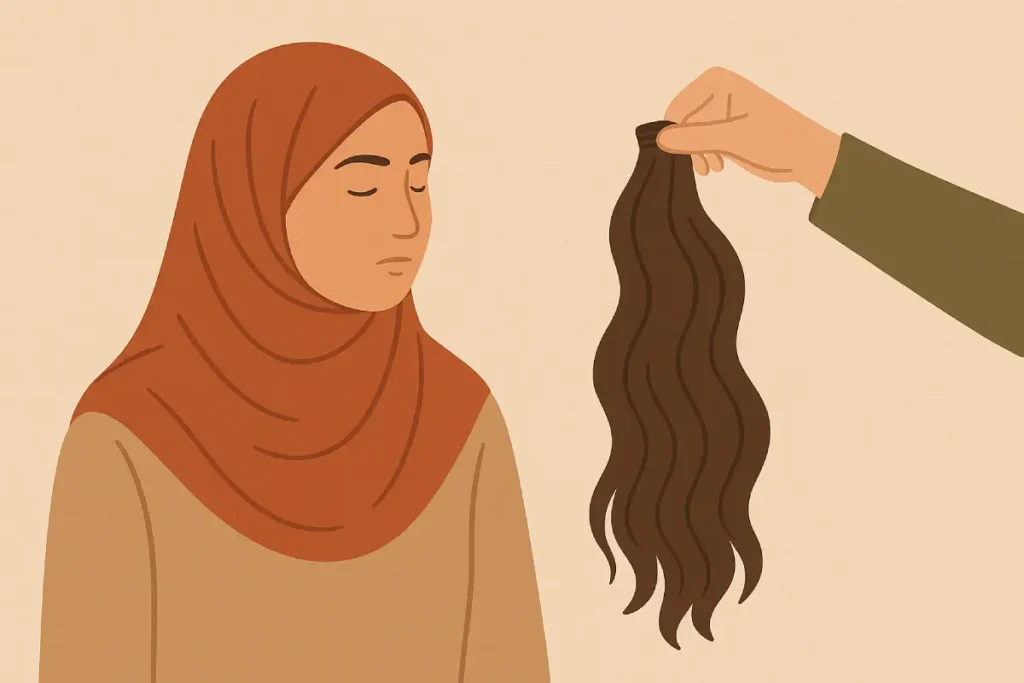 Seorang wanita memakai hijab sedang diperlihatkan ekstensi rambut, menggambarkan diskusi tentang hukum menyambung rambut dalam Islam.