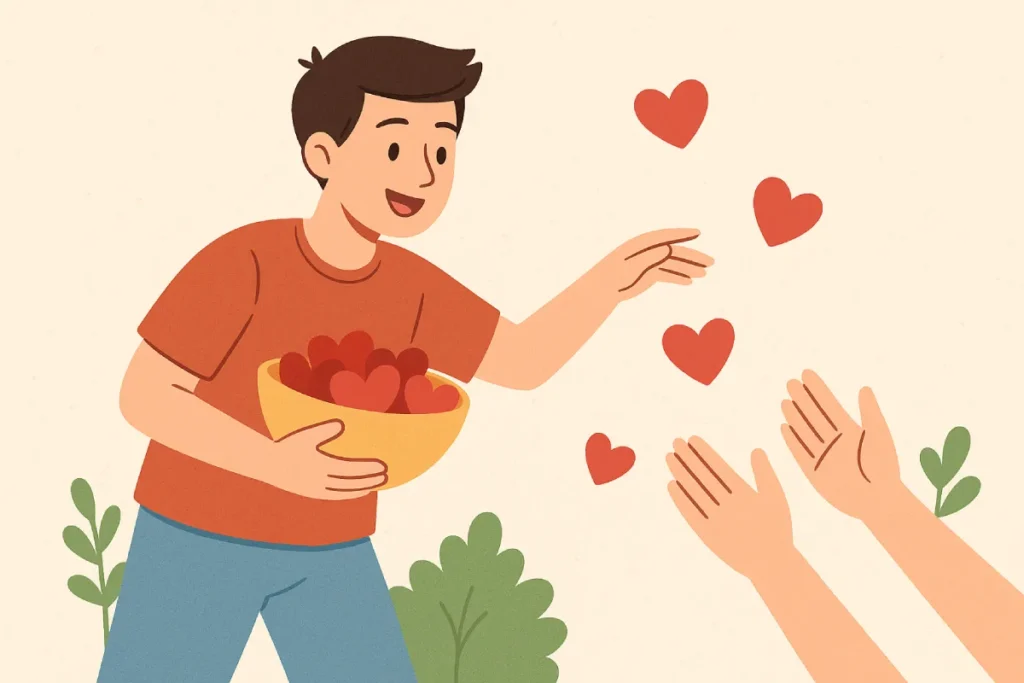 Seorang pria dengan senyum lebar membagikan jantung merah dari keranjangnya kepada tangan-tangan yang terbuka, menggambarkan aksi menebar kebaikan dalam bentuk kasih sayang dan bantuan.