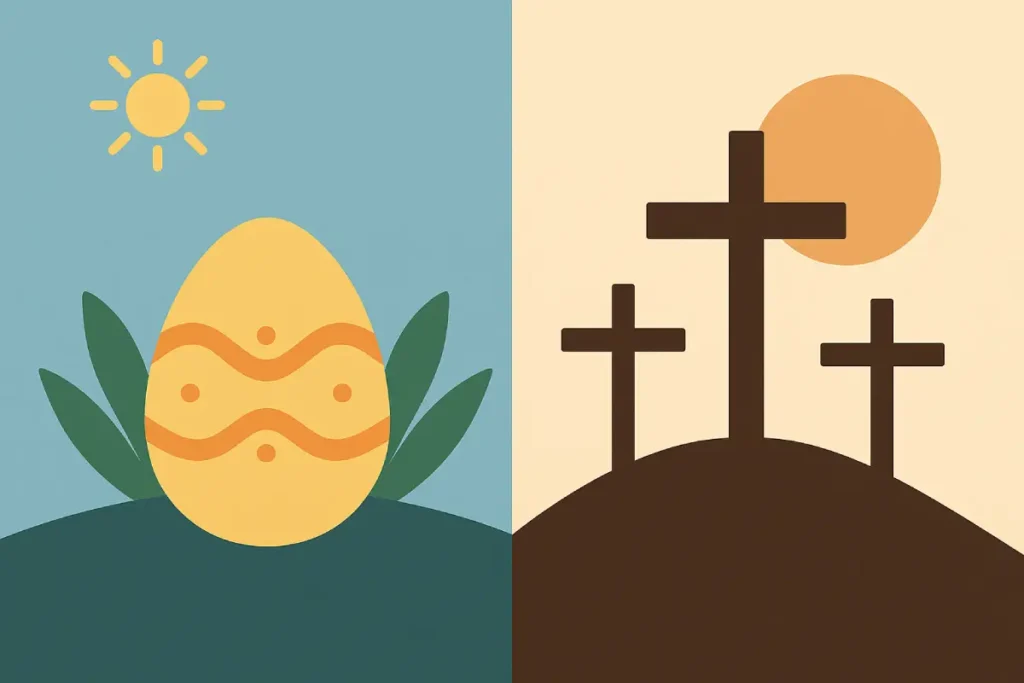 Ilustrasi dua sisi yang membandingkan telur Paskah dengan salib di Gunung Kalvari, menggambarkan perbedaan Paskah dan Jumat Agung.