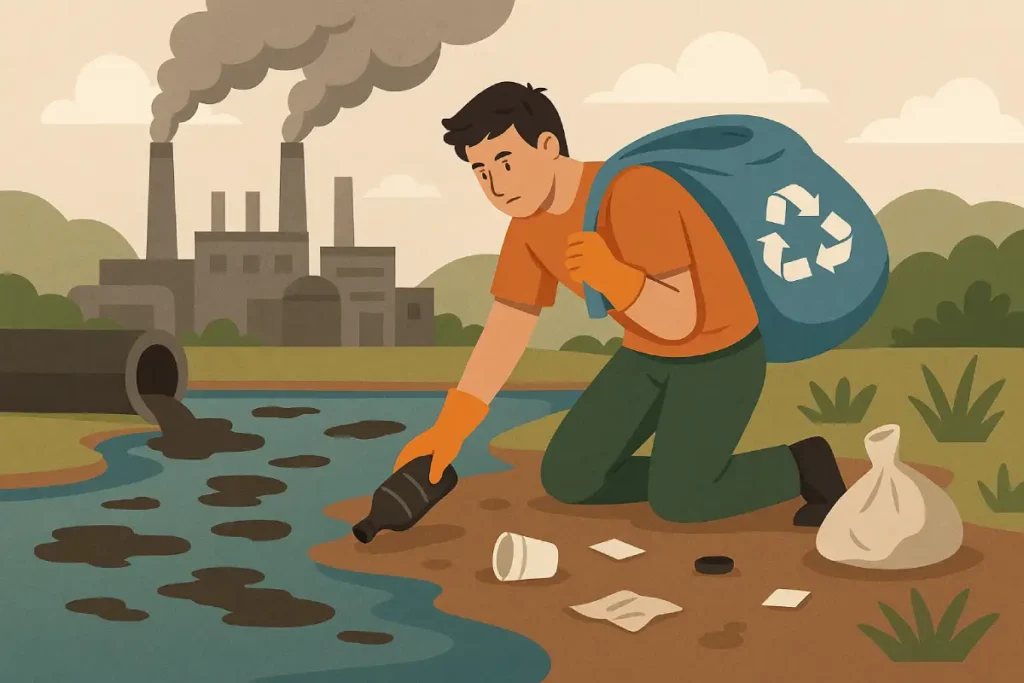 Seorang pria memungut sampah di tepi sungai yang tercemar, dengan pabrik penghasil asap di latar belakang, menggambarkan dampak pencemaran lingkungan.