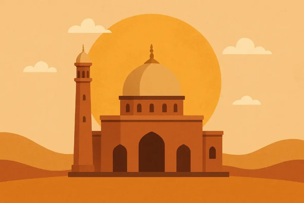 Ilustrasi masjid dengan matahari terbit di belakang, menggambarkan suasana hari yang mulia dalam konteks Sayyidul Ayyam.