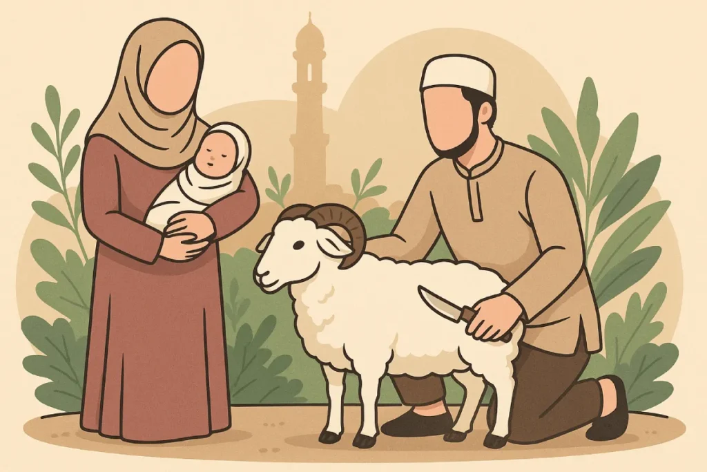 Ilustrasi keluarga muslim sedang mempersiapkan hewan aqiqah sambil memegang bayi, menggambarkan pelaksanaan tata cara aqiqah dalam Islam secara syar’i.