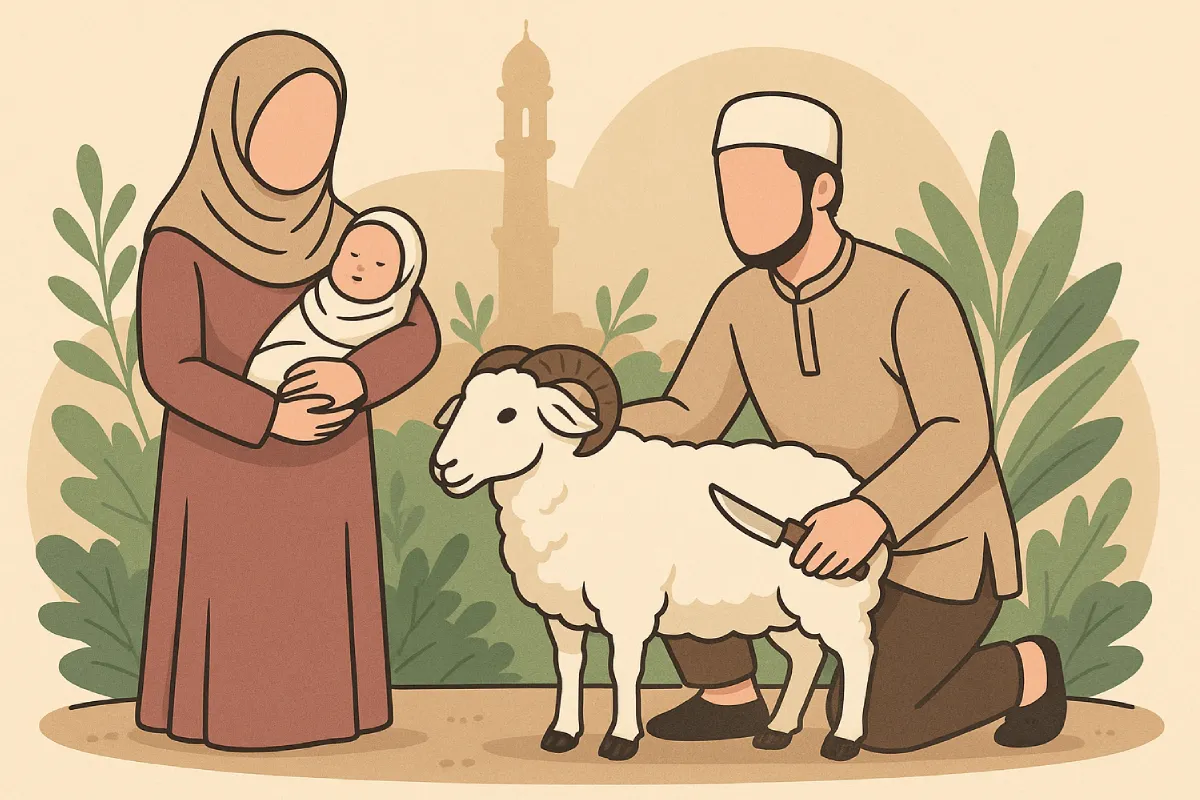 Ilustrasi keluarga muslim sedang mempersiapkan hewan aqiqah sambil memegang bayi, menggambarkan pelaksanaan tata cara aqiqah dalam Islam secara syar’i.