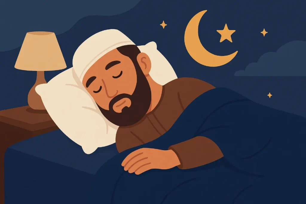 Seorang pria berbaring di tempat tidur dengan posisi siap tidur, tangan bertumpu di kepala, di ruangan yang tenang dan redup, mencerminkan suasana nyaman sesuai tips agar cepat tidur dalam Islam
