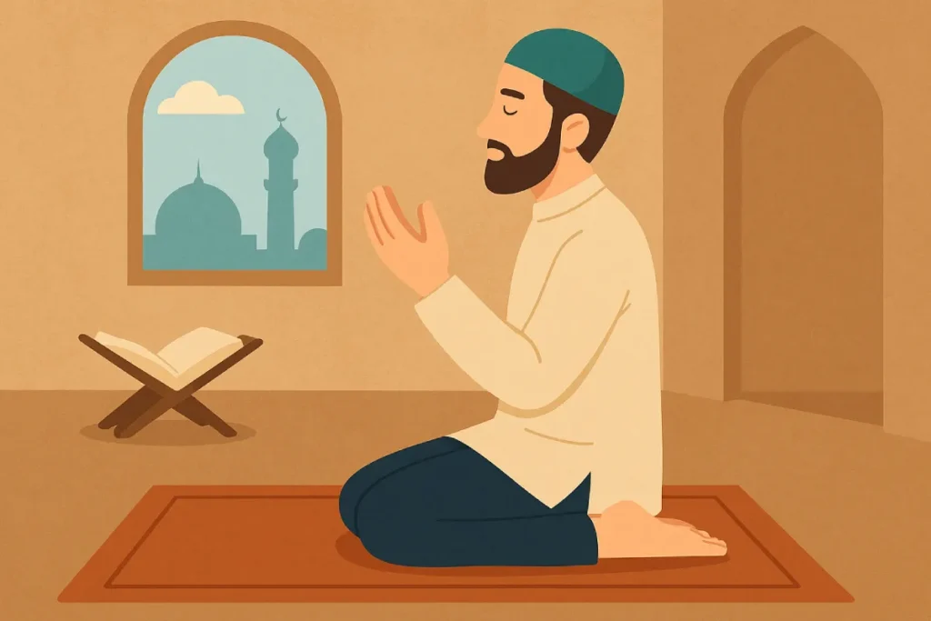 Seorang pria duduk di masjid sambil membaca Al Quran pada pagi hari Jumat menggambarkan salah satu amalan terbaik di hari Jumat yang penuh berkah