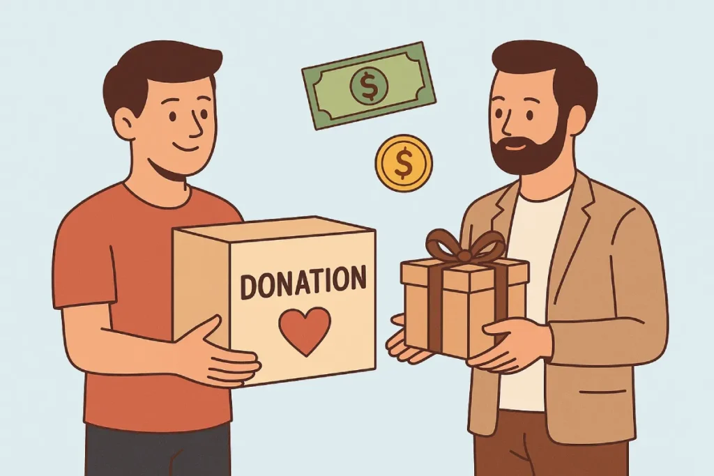 Seorang pria memasukkan uang ke kotak donasi sementara orang lain menyerahkan kado terbungkus rapi menggambarkan bedanya donasi dengan hibah secara jelas dan sederhana