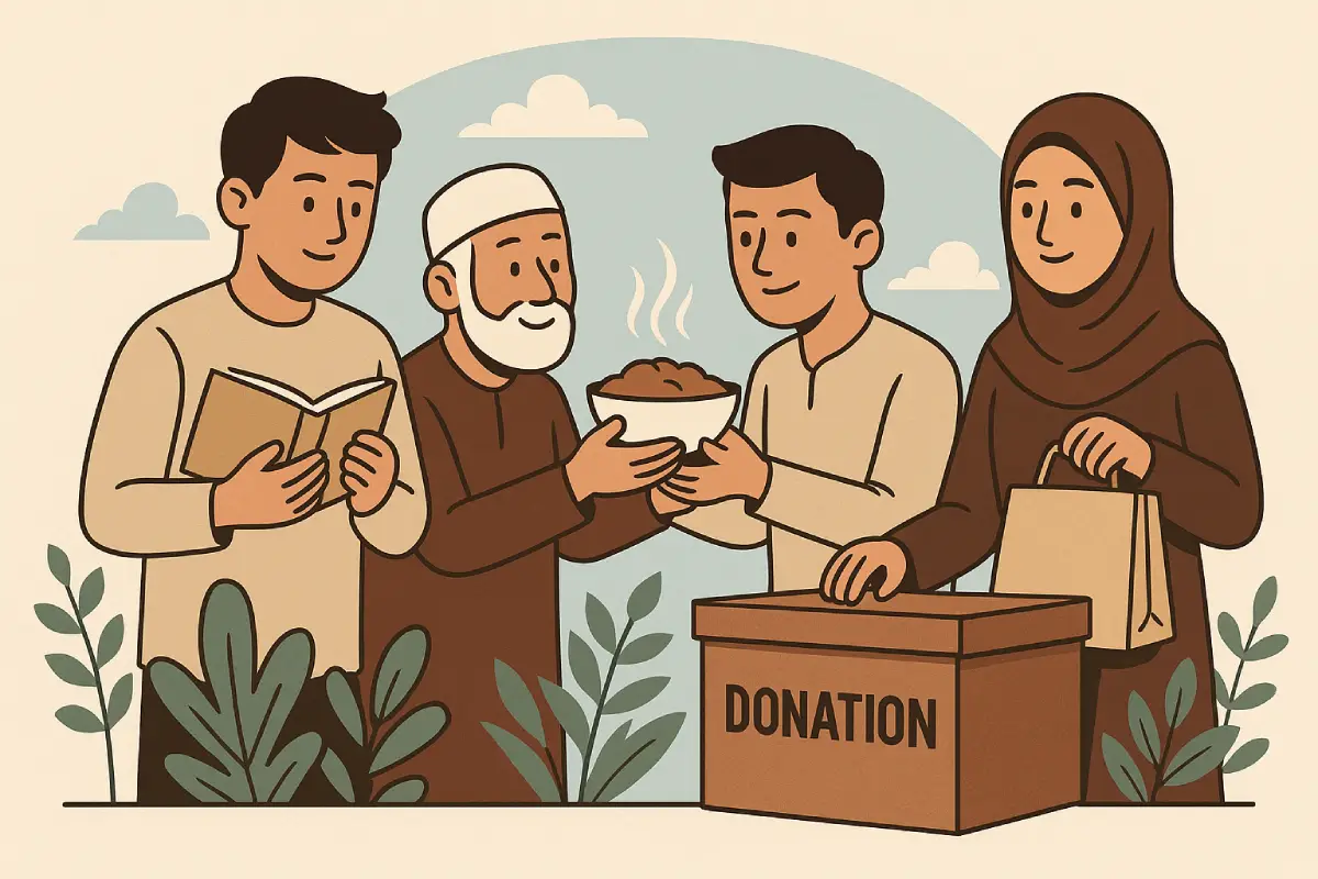 Sekelompok orang sedang berbagi makanan dan buku kepada seorang lansia, sementara yang lain menyumbangkan uang ke kotak donasi, menunjukkan bentuk amal saleh dalam kehidupan sehari-hari.