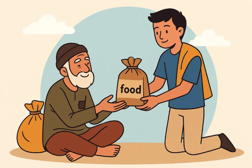 Seorang pria muda memberikan tas beras bertuliskan "food" kepada seorang lansia duduk di lantai, menggambarkan aksi berbagi Jumat Berkah.