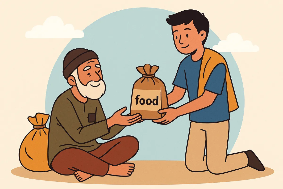 Seorang pria muda memberikan tas beras bertuliskan "food" kepada seorang lansia duduk di lantai, menggambarkan aksi berbagi Jumat Berkah.