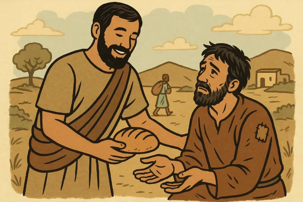 Seorang pria memberikan roti kepada orang lain di sebuah ladang, mencerminkan ajaran tentang berbuat baik menurut beberapa alkitab.