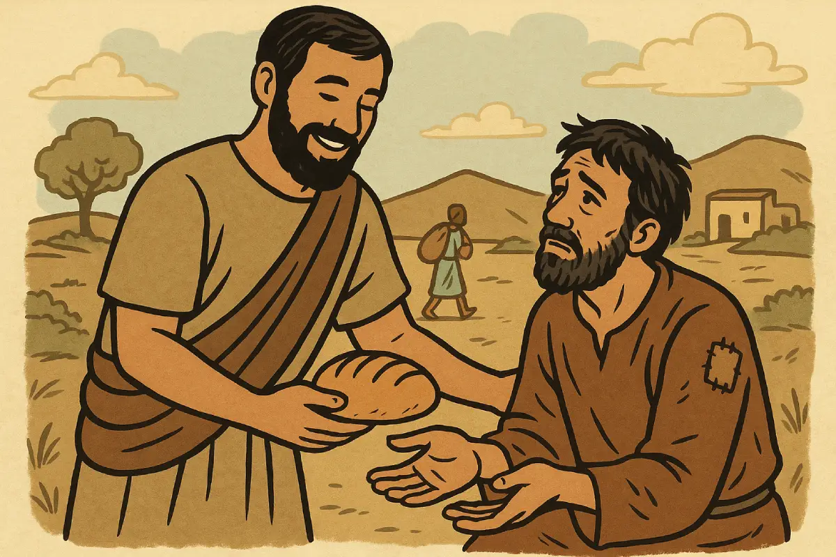 Seorang pria memberikan roti kepada orang lain di sebuah ladang, mencerminkan ajaran tentang berbuat baik menurut beberapa alkitab.