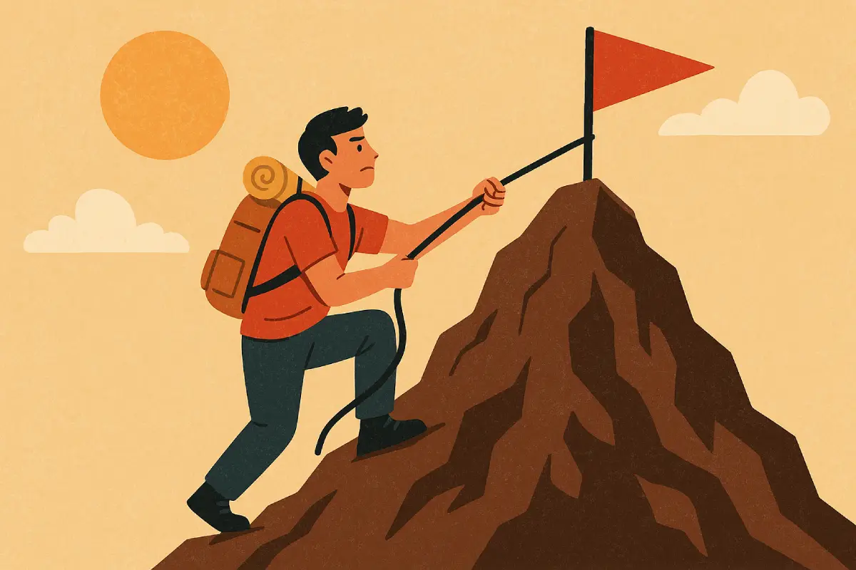 Ilustrasi seseorang menancapkan bendera di puncak gunung, melambangkan cara menerapkan sikap pejuang dalam menghadapi tantangan.