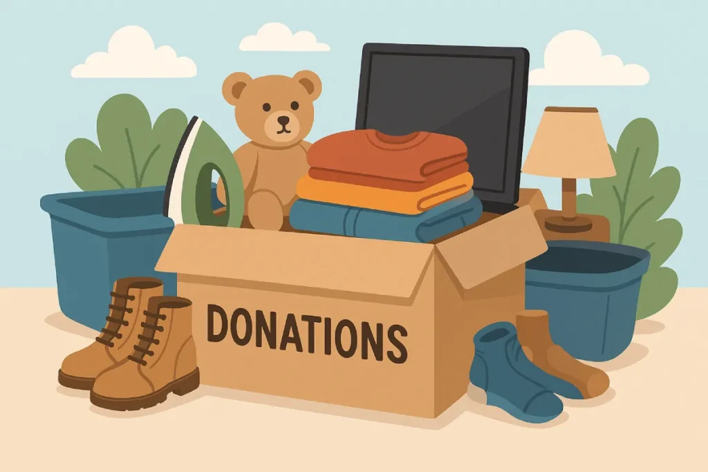 Sebuah kotak donasi berisi pakaian, mainan, dan sepatu bekas yang masih layak menunjukkan bentuk nyata dari donasi barang bekas untuk membantu sesama