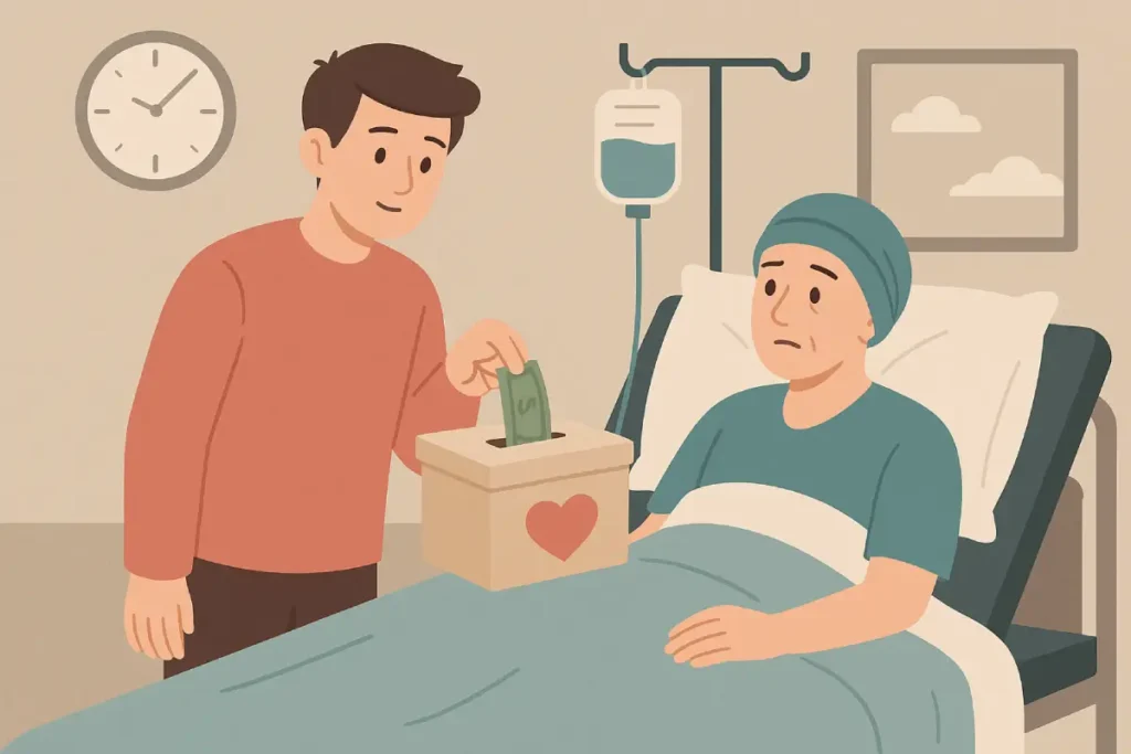 Ilustrasi orang menyerahkan bantuan sebagai bentuk donasi untuk orang sakit.