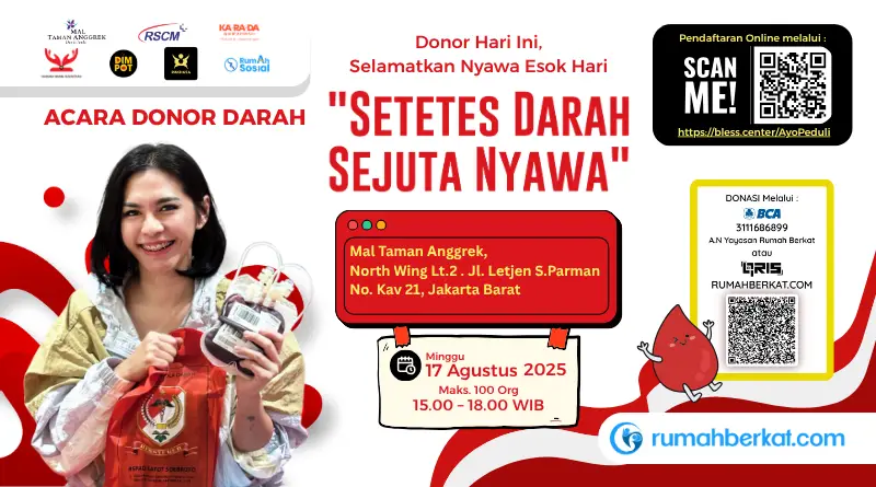 Infografis kegiatan donor darah dengan tema Setetes Darah Sejuta Nyawa ke-9 di Jakarta Barat, menampilkan lokasi dan waktu pelaksanaan.