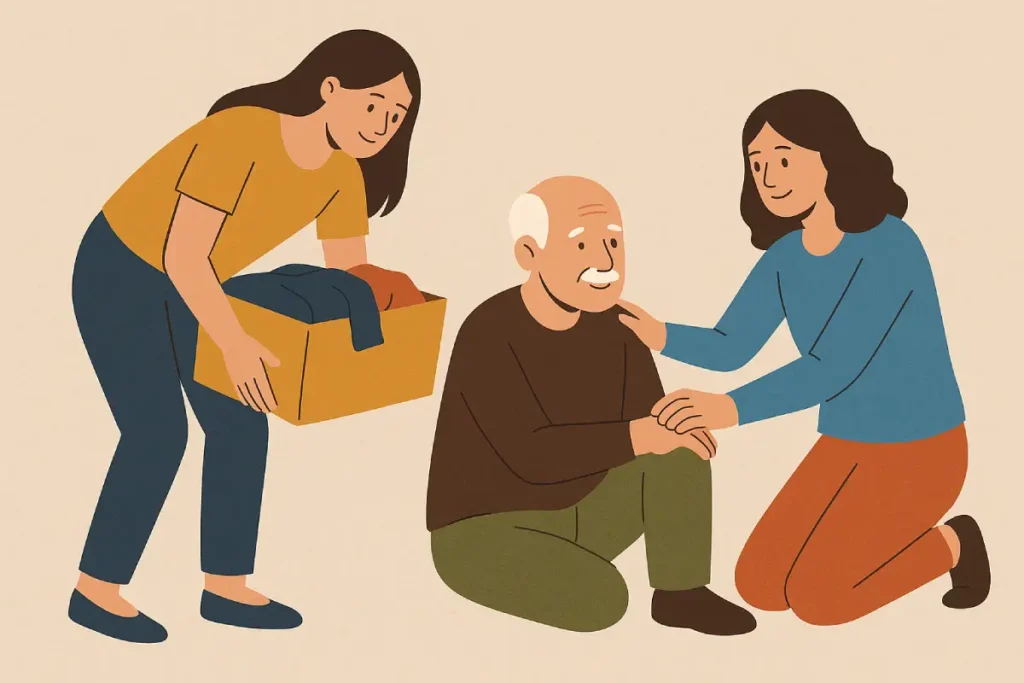 Dua perempuan membantu seorang lansia satu memberikan pakaian dari kotak donasi sambil yang lain menghibur dengan sentuhan hangat menggambarkan wujud nyata dari kebajikan dan kebaikan