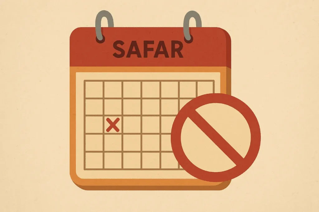 Sebuah halaman kalender bertuliskan SAFAR dengan simbol larangan merah, menggambarkan mitos dan kenyataan seputar larangan bulan Safar dalam Islam.