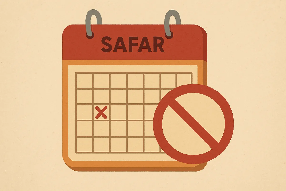 Sebuah halaman kalender bertuliskan SAFAR dengan simbol larangan merah, menggambarkan mitos dan kenyataan seputar larangan bulan Safar dalam Islam.