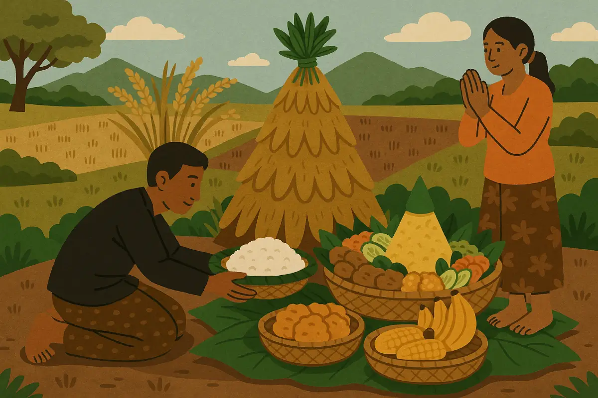Seorang pria menawarkan hasil panen kepada seorang wanita yang berdoa, menggambarkan tradisi sedekah bumi sebagai bentuk syukur atas keberkahan alam.