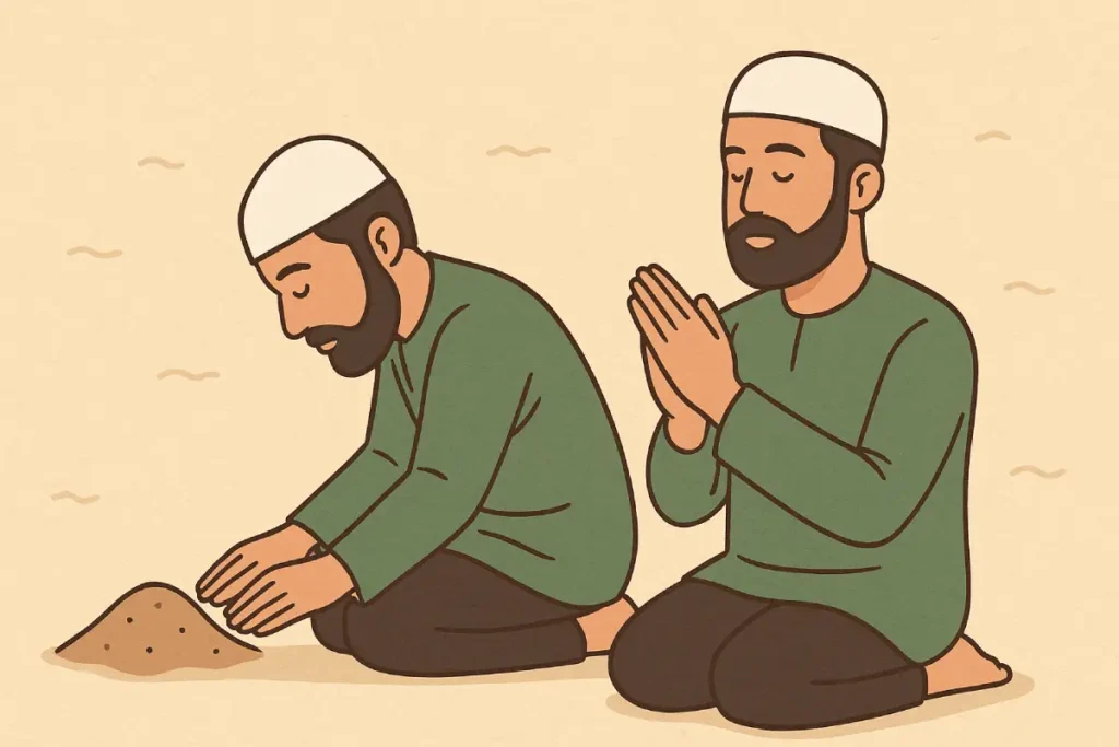 Seseorang sedang melakukan tayamum dengan mengusap wajah dan tangan pada tanah, menggambarkan tata cara tayamum yang benar.