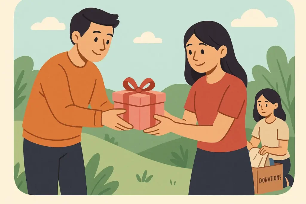 Ilustrasi dua orang saling memberikan hadiah dalam aksi berbagi, dengan latar belakang aktivitas donasi menggambarkan praktik nyata dari tips berbagi dan peduli.