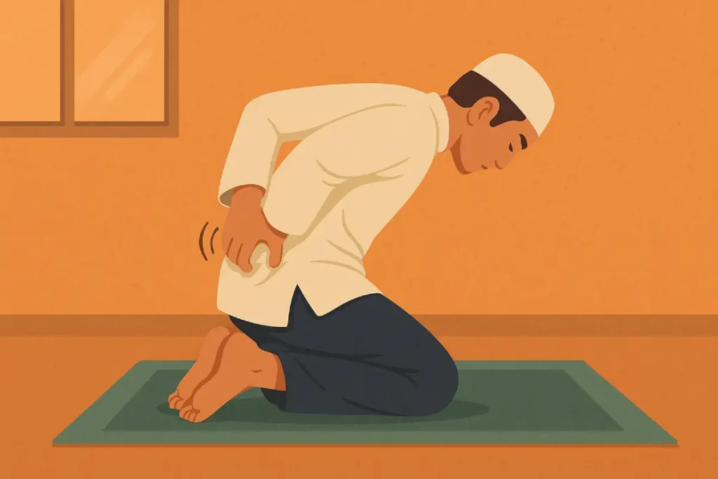 Seorang pria sedang berada dalam posisi sujud saat sholat, menggambarkan situasi 3 kali gerak saat sholat.