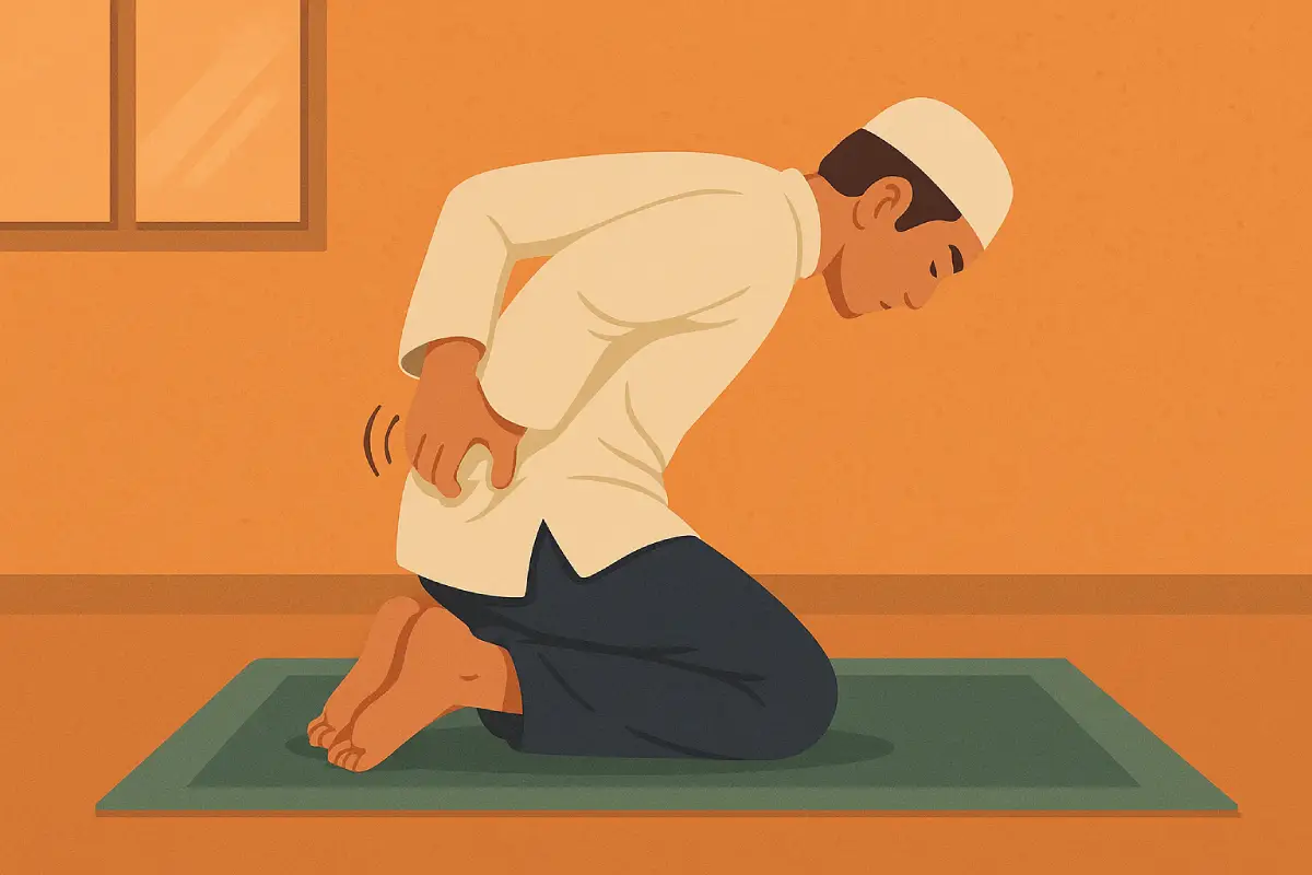 Seorang pria sedang berada dalam posisi sujud saat sholat, menggambarkan situasi 3 kali gerak saat sholat.