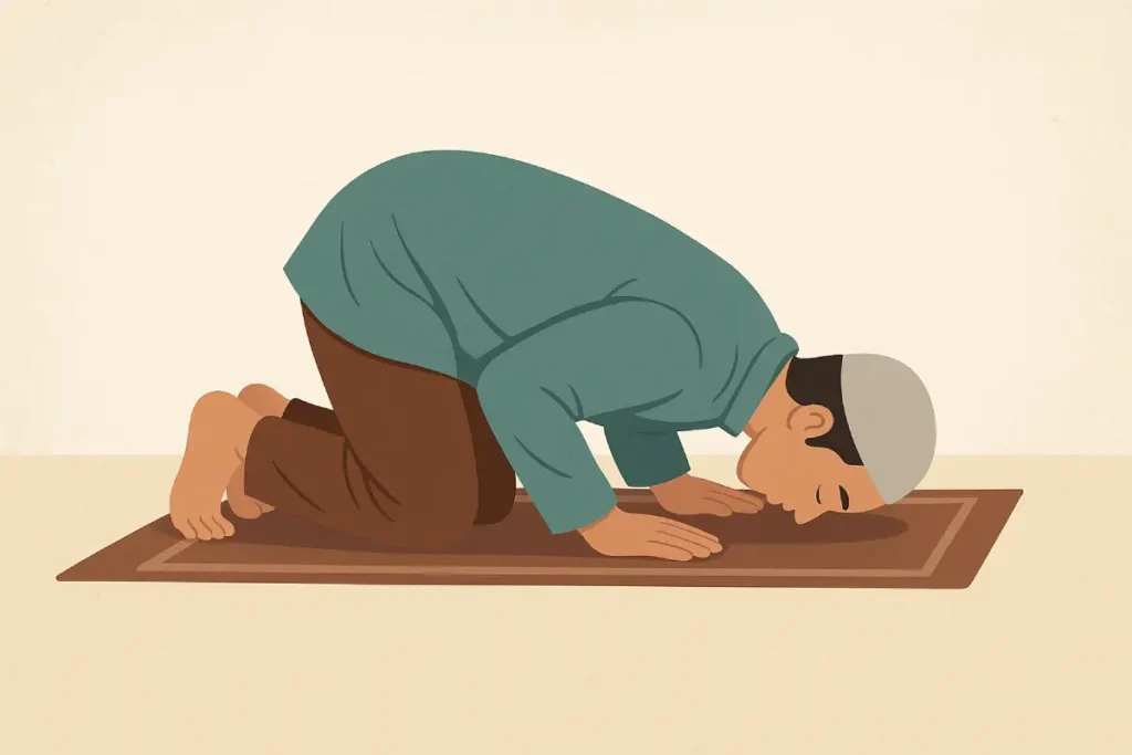 Seorang pria sedang sujud dalam sholat, menggambarkan konteks larangan dalam sholat yang harus dihindari.