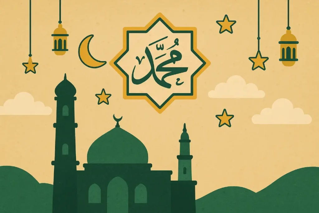 Ilustrasi masjid dengan kaligrafi nama Nabi Muhammad dan hiasan bulan, bintang, serta lentera, menggambarkan perayaan Maulid Nabi Muhammad.