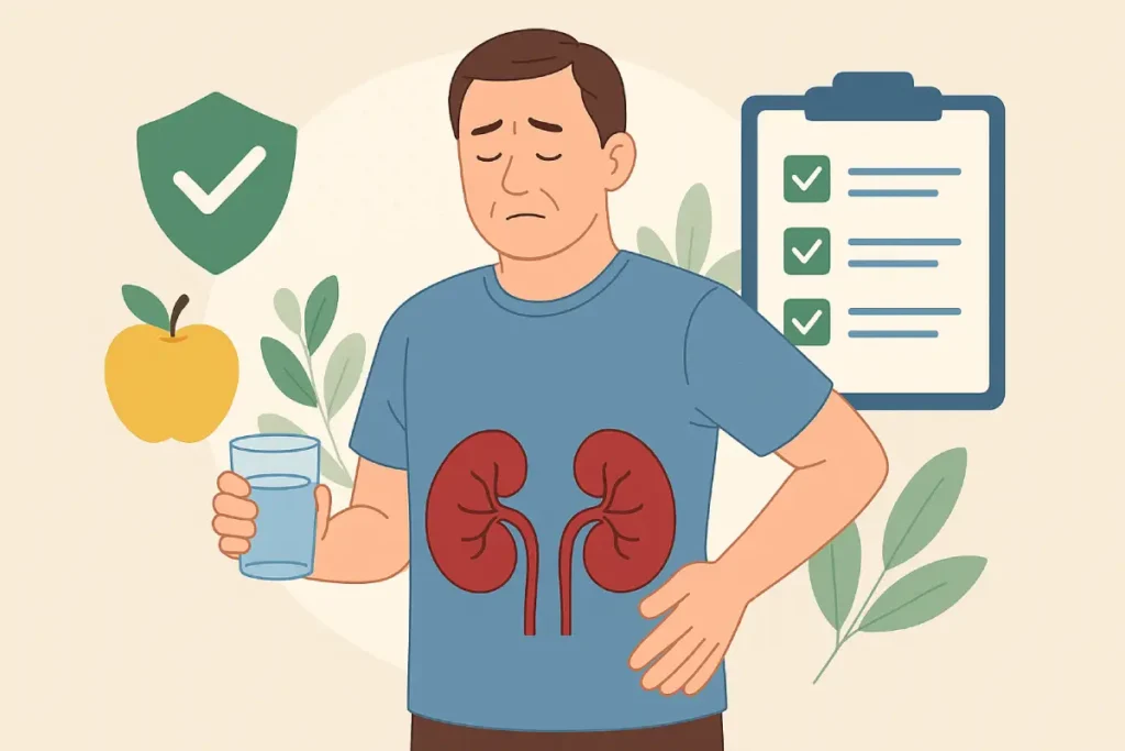 Seorang pria memegang gelas air dengan ilustrasi ginjal di dada, menggambarkan tips menjaga kesehatan ginjal untuk orang dewasa.