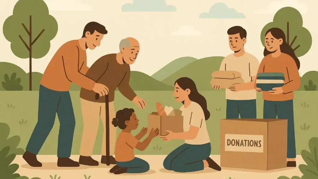 Ilustrasi kepedulian sosial yang menampilkan kelompok orang memberikan bantuan berupa makanan dan pakaian kepada individu yang membutuhkan di lingkungan terbuka.