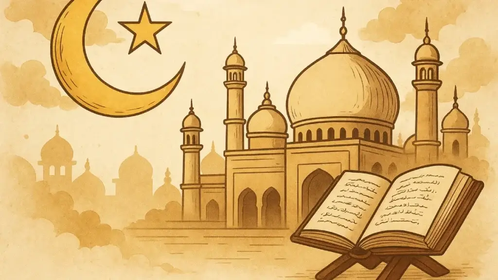 Ilustrasi simbolis sejarah 1 Muharram dengan Al-Quran terbuka di depan masjid megah, latar bulan sabit dan bintang yang melambangkan permulaan tahun Islam serta peristiwa hijrah Nabi Muhammad SAW.