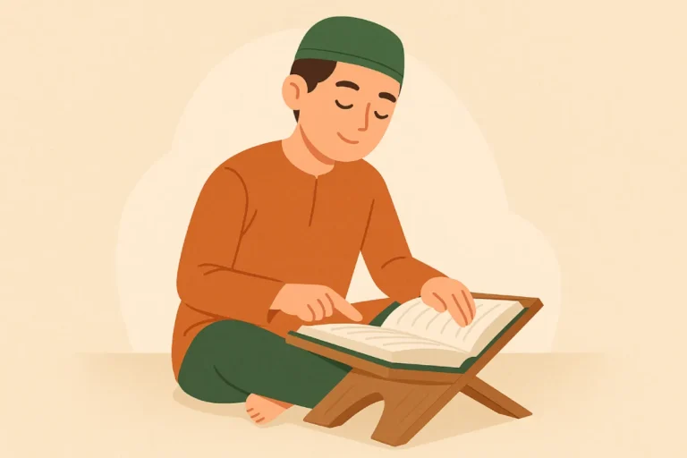 Seorang anak laki-laki duduk dengan tenang sambil membaca Alquran, menunjukkan kegiatan spiritual sebagai salah satu amalan terbaik di hari Jumat.