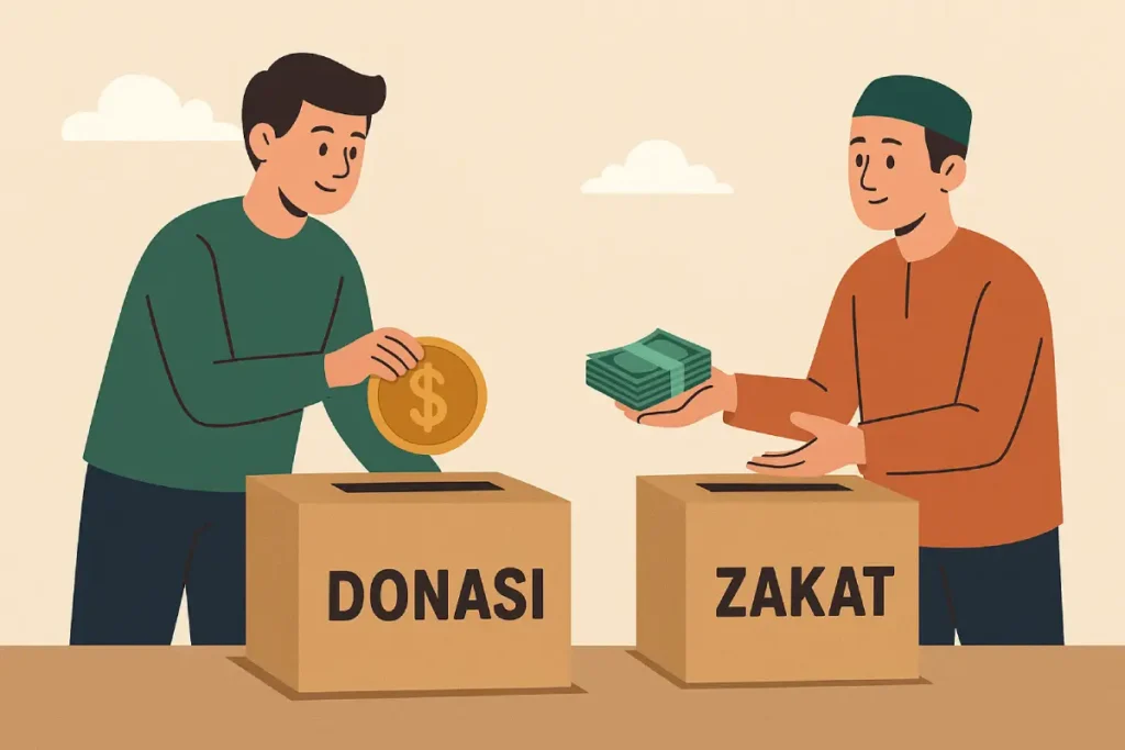Dua orang sedang menyalurkan uang ke kotak donasi dan zakat, menggambarkan perbedaan antara keduanya.