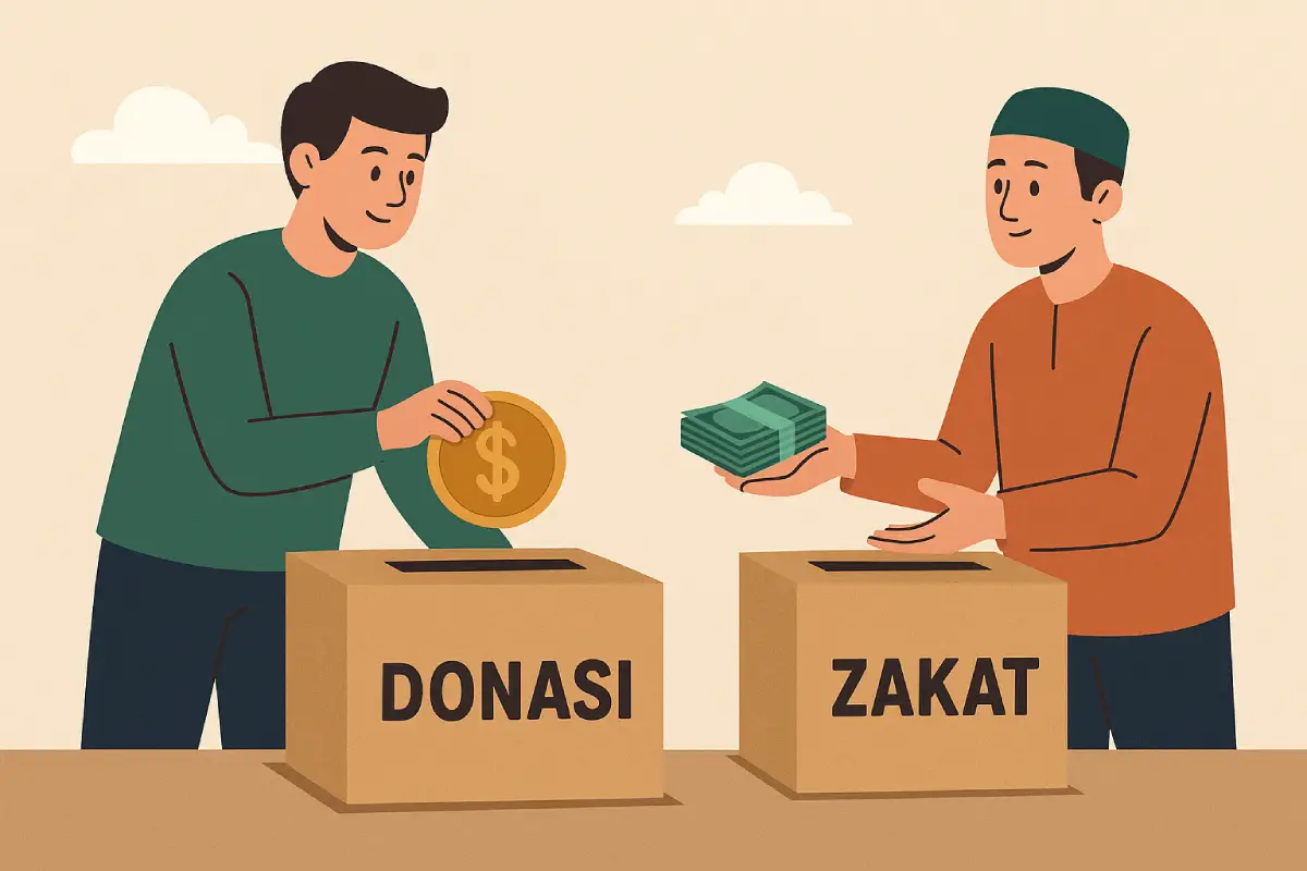 Dua orang sedang menyalurkan uang ke kotak donasi dan zakat, menggambarkan perbedaan antara keduanya.
