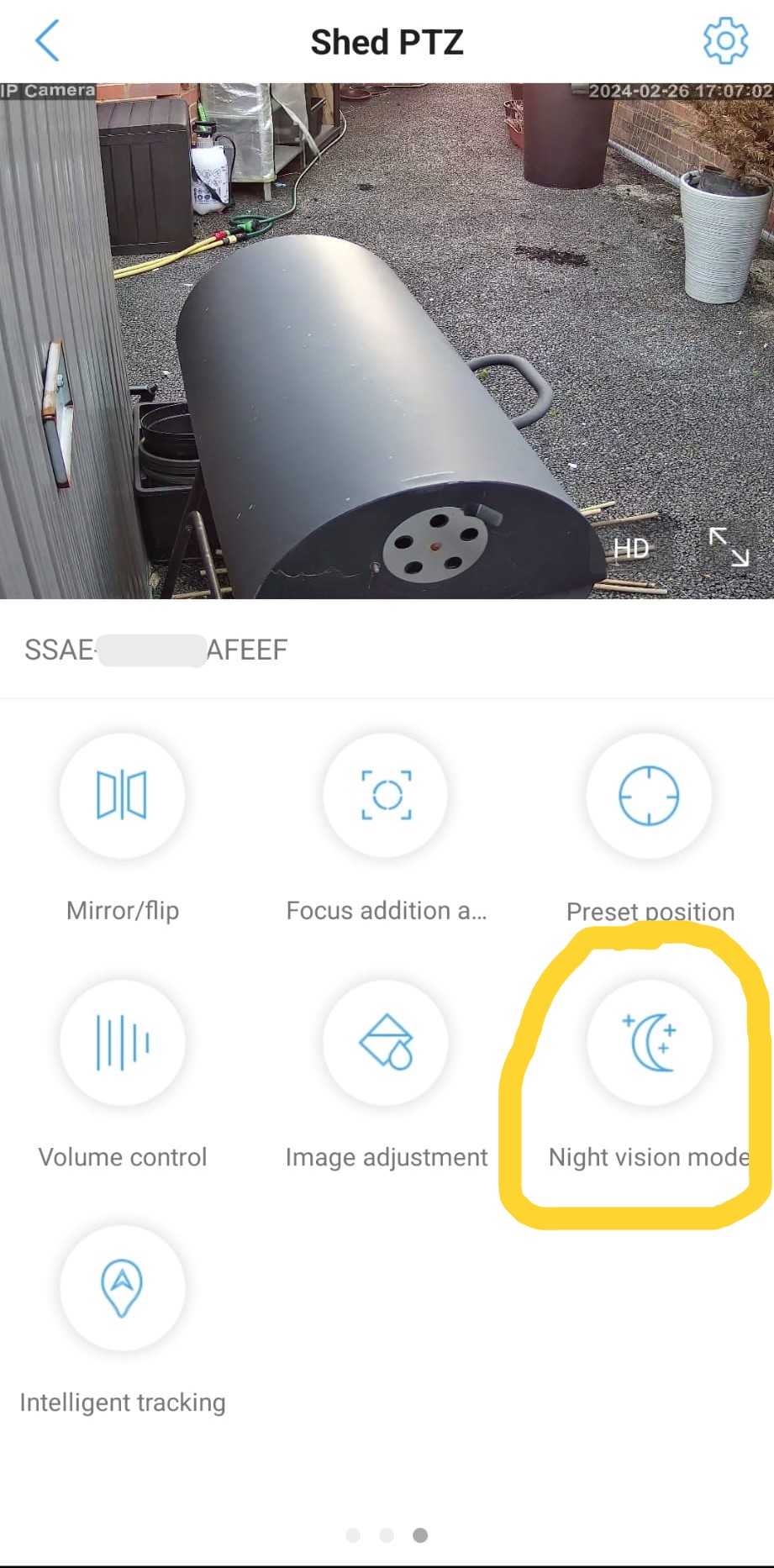 CamHi app night vision settings screen showing the mode options