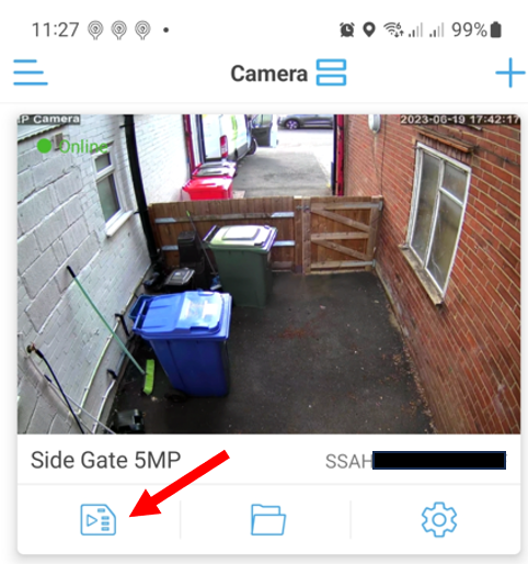 CamHi app main screen with the SD Card icon highlighted