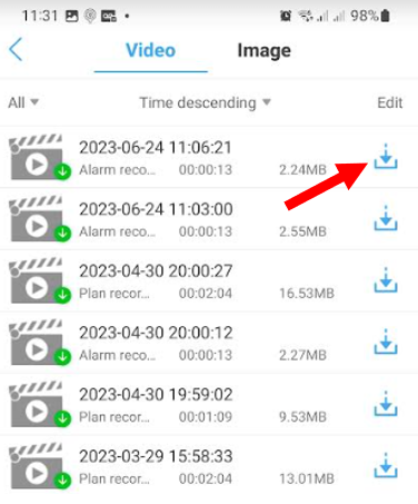 CamHi app saved files screen with the download icon highlighted
