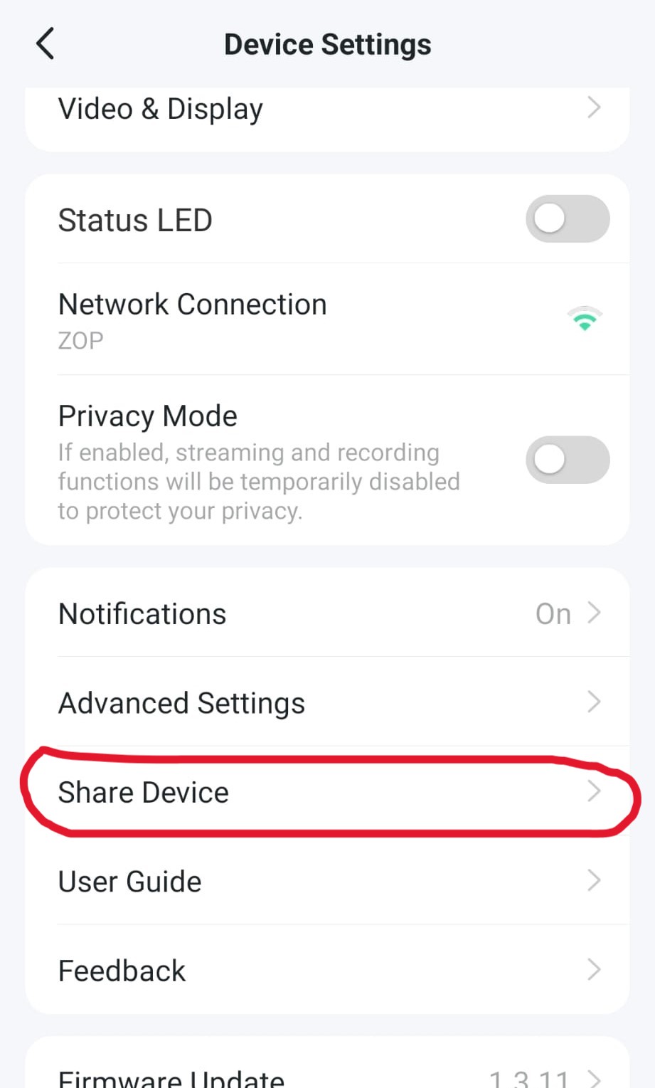 Tapo app camera settings screen with Share Device option