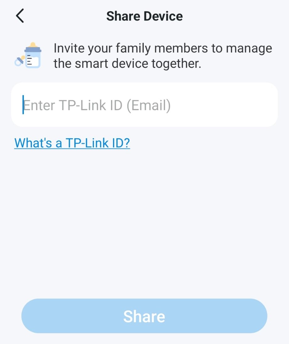 Tapo app screen for entering the email address to share the camera with