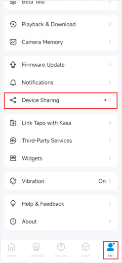 Tapo app Devices From Others screen showing a shared camera invitation